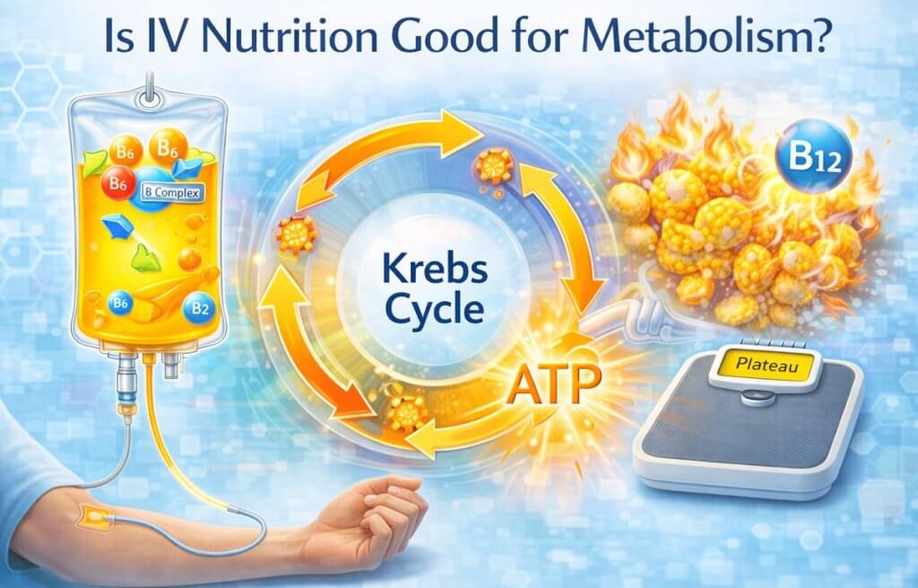 Medical infographic showing IV vitamin therapy supporting metabolism, with B-vitamins fueling the Krebs cycle to convert fat into ATP energy and help overcome weight loss plateaus.