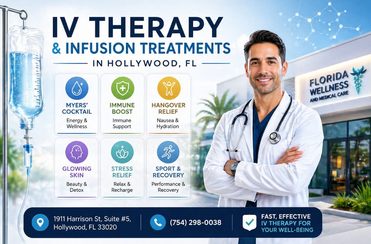 Modern IV therapy flyer with services, doctor portrait, and clinic information in Hollywood, FL