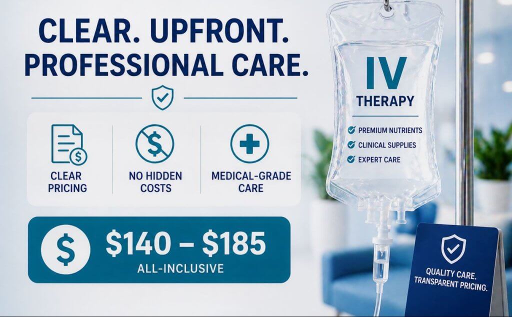 IV therapy pricing infographic showing clear upfront costs and affordable self-pay options